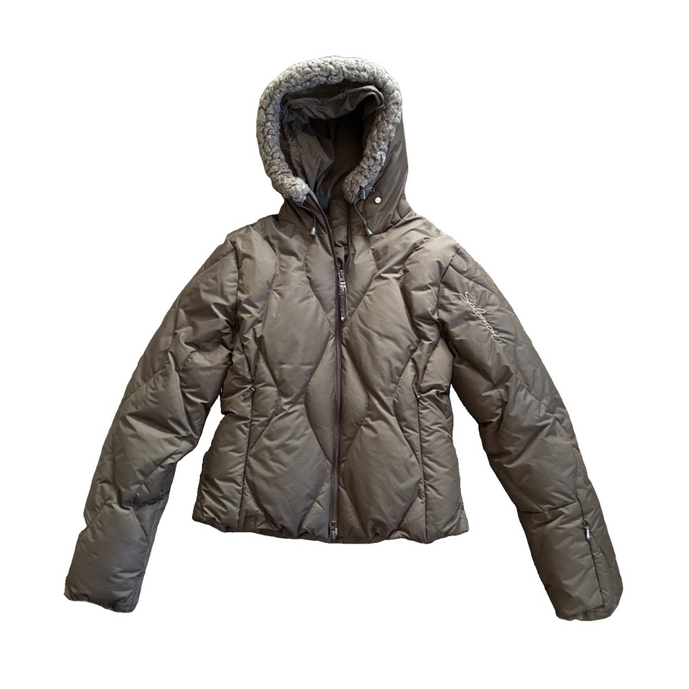 Salomon Down Ski Jacket Women Small Brown Puffer Faux Fur Hood Y2K